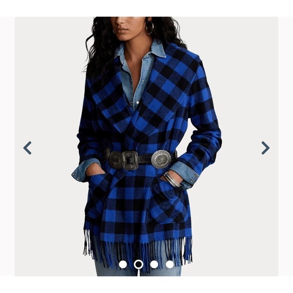 New POLO RALPH LAUREN Checked Fringe-Edge Belted Jacket M